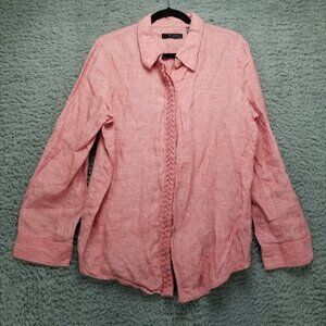 Studio Shirt Womens XL Liz Claiborne Red 100% Linen Button Up Roll Tab